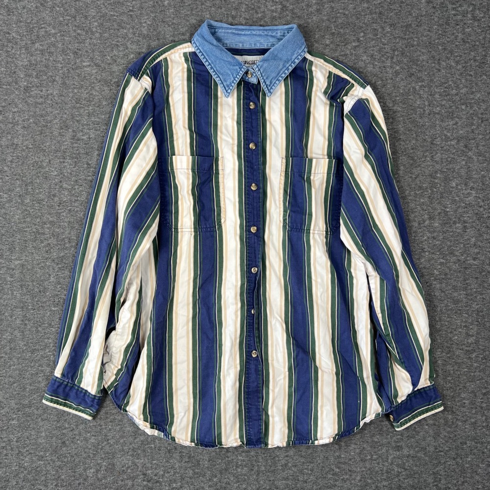 Cabin Creek Button Up Shirt Mens 20W Blue Green Striped Denim Collar Old Money